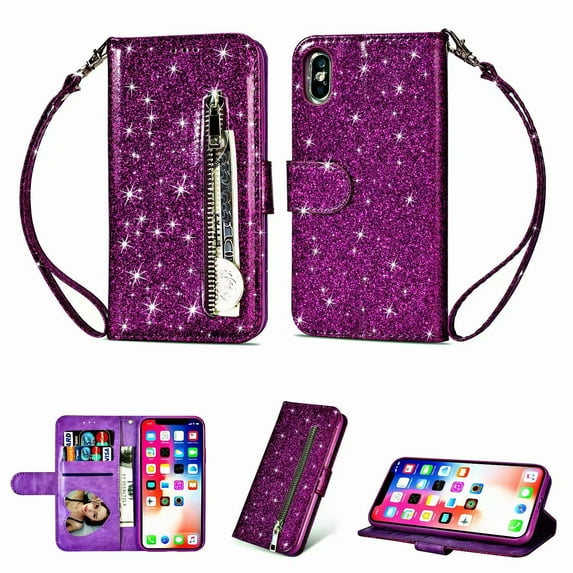 For Apple iPhone XS Max Wallet Leather Case Diamond Glitter Bling Zipper Stand Shockproof Cover