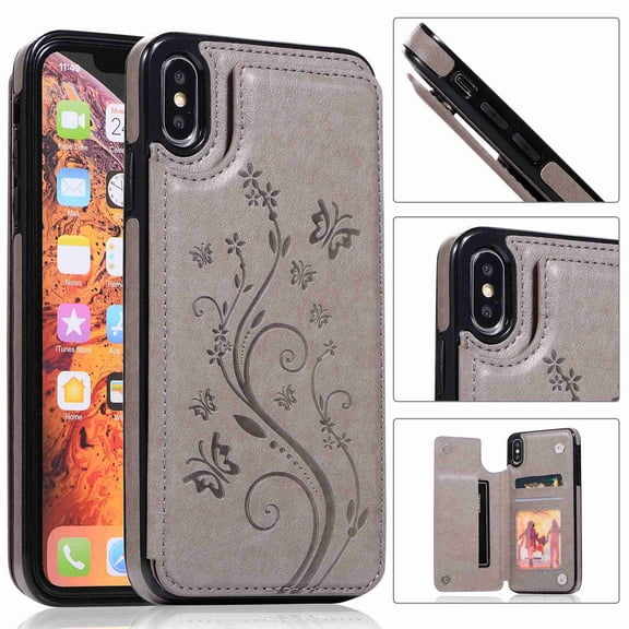 For Apple iPhone Xs Max,Dteck Retro Flower Patterned PU Leather Back Card Wallet Flip Stand Cover,gray