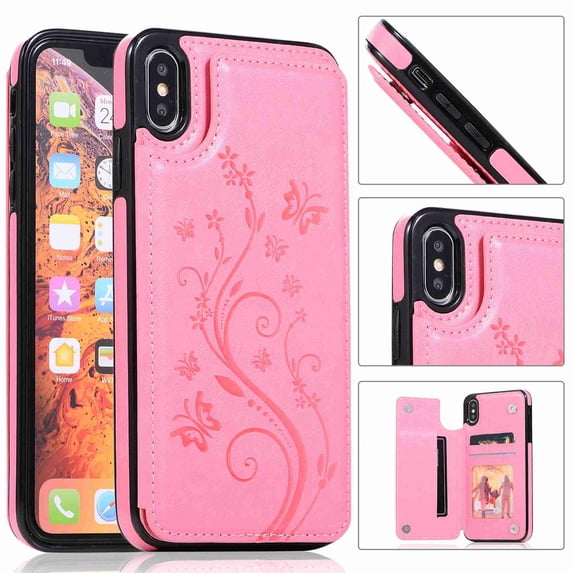 For Apple iPhone Xs Max,Dteck Retro Flower Patterned PU Leather Back Card Wallet Flip Stand Cover,pink