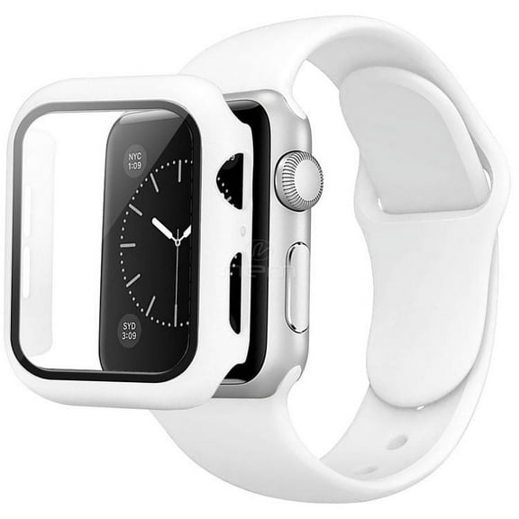 For Apple iWatch 41" 2in1 Waterproof Skin-friendly Soft Silicone Screen Protector Bumper Case and Hoop Design Replacement Band White