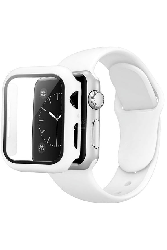 For Apple iWatch 41" 2in1 Waterproof Skin-friendly Soft Silicone Screen Protector Bumper Case and Hoop Design Replacement Band White