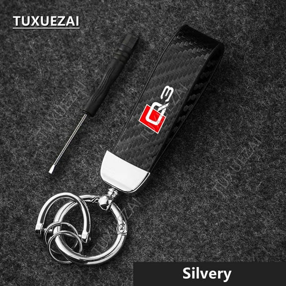 For Audi Q3 Car Carbon Fiber Leather Rope Car Keychain Key Chain Pendant Keyring Horseshoe Buckle