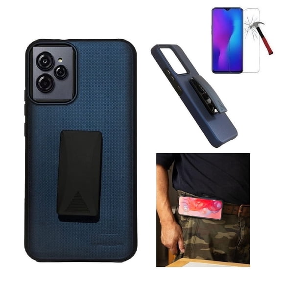 For BLU View Speed Ultra 5G Case, Dark Blue Shockproof 360-Degree Rotating Belt Clip Kickstand Case Cover  with Tempered Glass