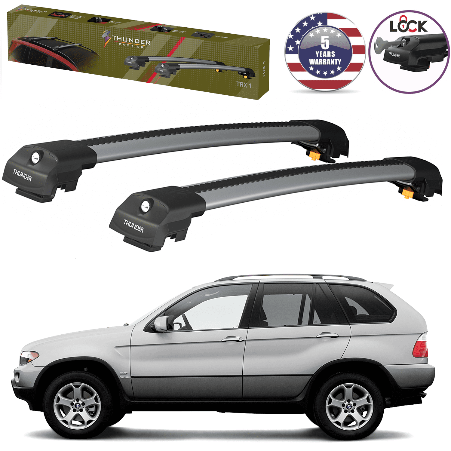 RE&AR Roof Rack Cross Bars For BMW X5 E53 2000-2006 – Aluminum Gray, No Drilling, 75kg Load Capacity