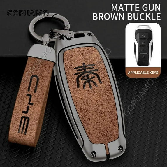 For BYD Qin A 4 buttons Qin PLUS Keyless Protector Shell Auto Accessories Zinc alloy+leather Car Key Case Cover