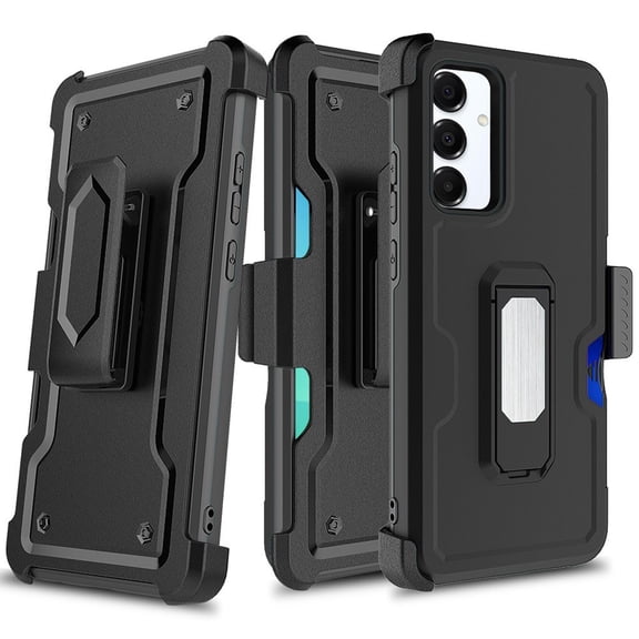 For Bark Phone A16 Card Holster Kickstand Hybrid Cover Cell Phone Case + Tempered Glass - Card Holster Black