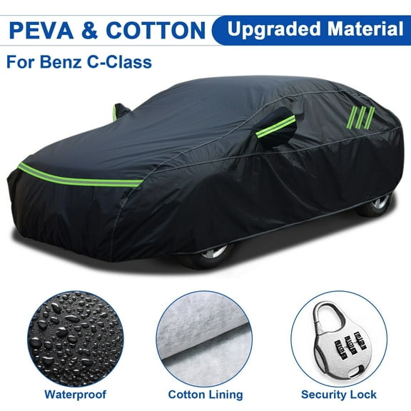 For Benz C-Class Car Cover Thickened PEVA+Cotton Sedan Full Cover with Lock Outdoor Rain Sun Dust Protection Black