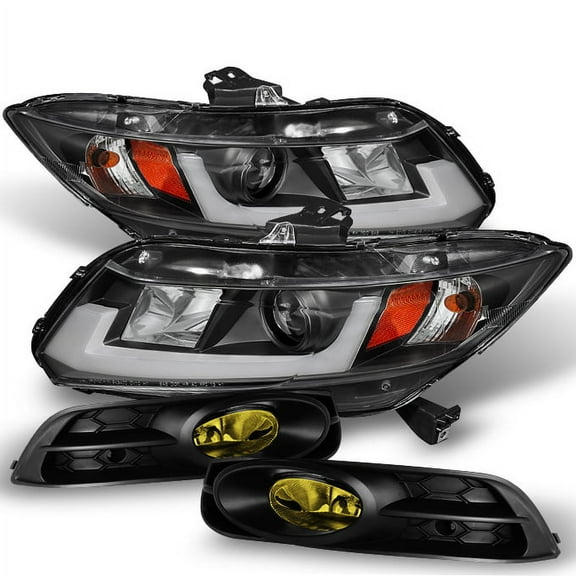 AKKON - For Honda 12-13 Civic Coupe 2Dr Black Tube DRL LED Projector Headlights + Yellow Fog Light Lamp