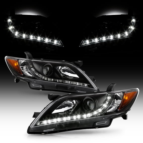 For Black 2007-2009 Toyota Camry Projector Headlights w/LED Daytime Running Lamp