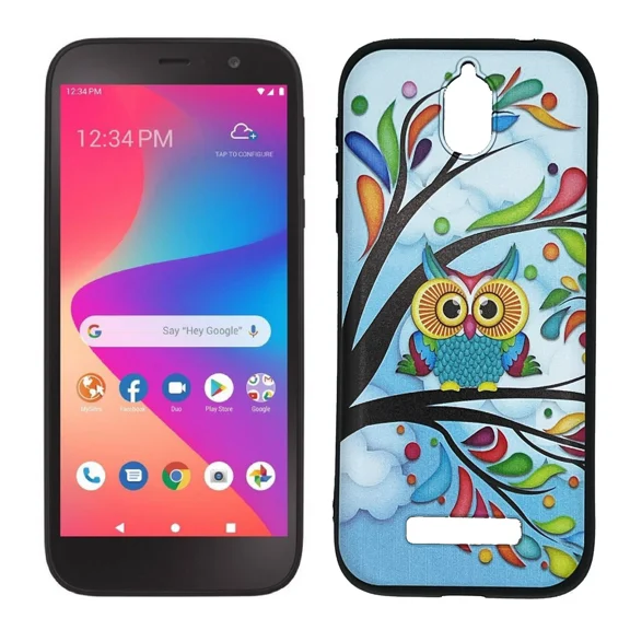 For Blu View 2 B131DL B130DL SLIM TPU Skin Cover Phone Case + Tempered Glass - Owl Design