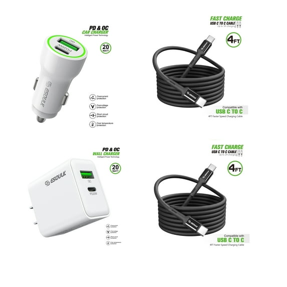 For Blu View 4 B135DL 20W Car Charger Plus 20W Wall Charger with 2X C to C USB Cable Combo