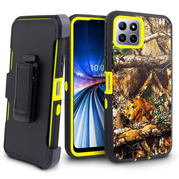 For Boost Celero 5G Plus (7 inch) Heavy Duty Multi Layers 360 Degree Holster Belt Clip Case Cover with Built in Screen - Green Camo