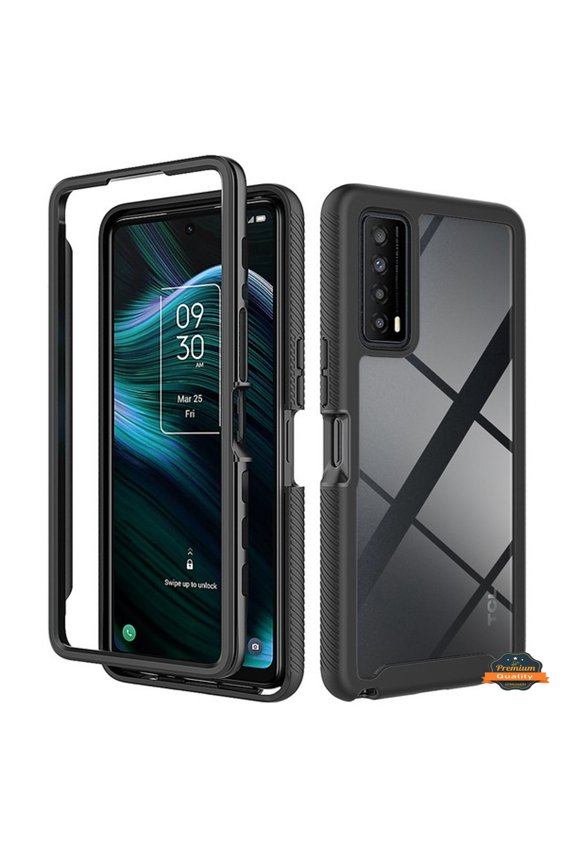 For Boost Mobile Celero 5G (2023) Full Body Armor Slim Hybrid Double Layer Hard PC + TPU Transparent Back Rugged Phone Case Cover by Xpression - Clear / Black