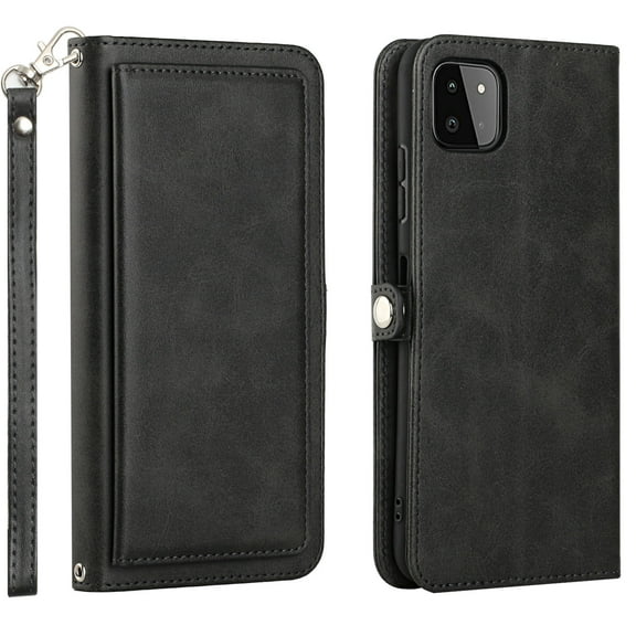 For Boost Mobile Celero 5G / Samsung Galaxy A22 5G / SM-A226 Triple Card Slot Flap Folio Stand Leather Wallet Pouch Case Cover Black