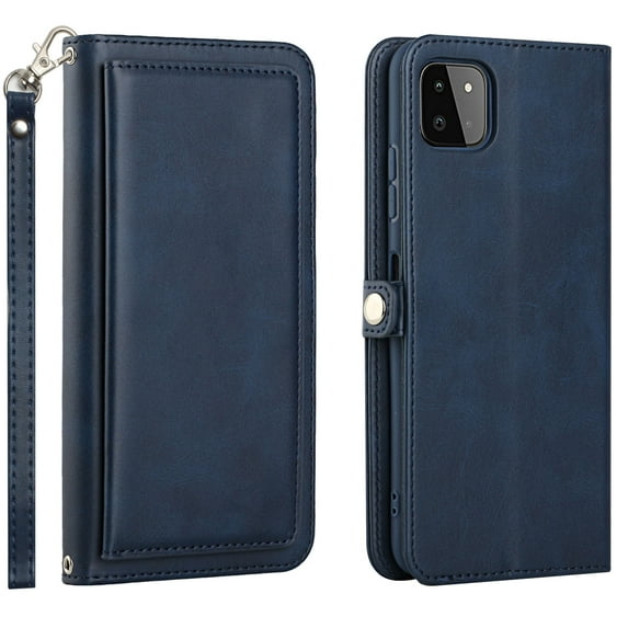 For Boost Mobile Celero 5G / Samsung Galaxy A22 5G / SM-A226 Triple Card Slot Flap Folio Stand Leather Wallet Pouch Case Cover Blue