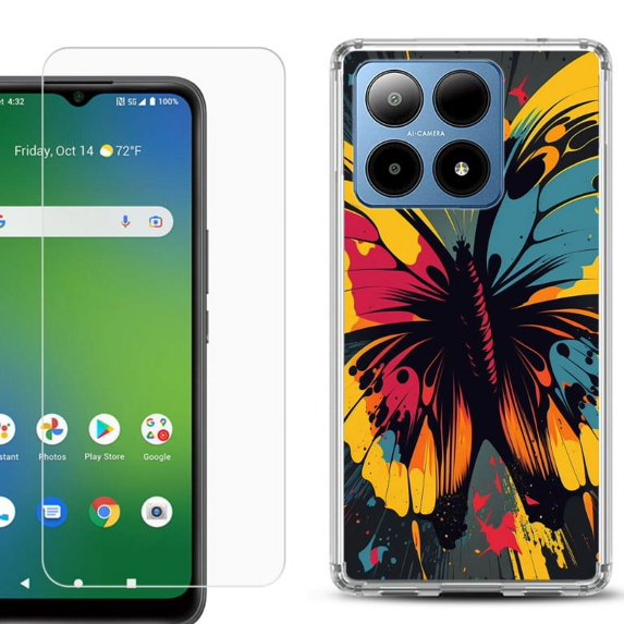 For Boost Mobile Summit 5G Shockproof Phone Case Cover with Tempered Glass Screen Protector, by OneToughShield - Abstract Butterfly