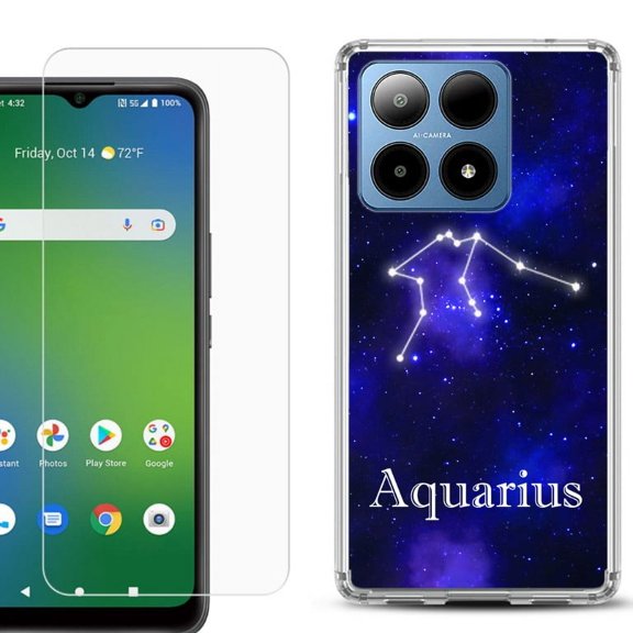 For Boost Mobile Summit 5G Shockproof Phone Case Cover with Tempered Glass Screen Protector, by OneToughShield - Aquarius