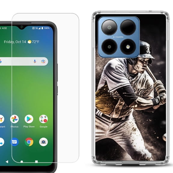 For Boost Mobile Summit 5G Shockproof Phone Case Cover with Tempered Glass Screen Protector, by OneToughShield - Baseball Player