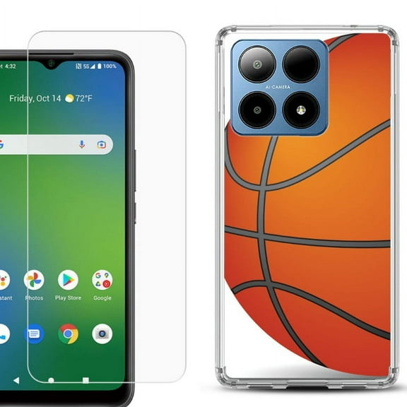 For Boost Mobile Summit 5G Shockproof Phone Case Cover with Tempered Glass Screen Protector, by OneToughShield - Basketball