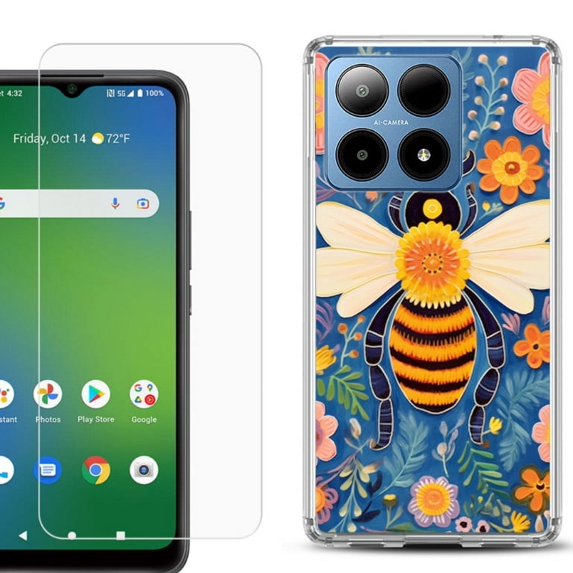 For Boost Mobile Summit 5G Shockproof Phone Case Cover with Tempered Glass Screen Protector, by OneToughShield - Bee Flower