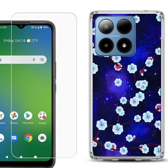 For Boost Mobile Summit 5G Shockproof Phone Case Cover with Tempered Glass Screen Protector, by OneToughShield - Blossom Stars