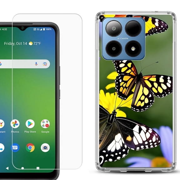 For Boost Mobile Summit 5G Shockproof Phone Case Cover with Tempered Glass Screen Protector, by OneToughShield - Butterfly Flower