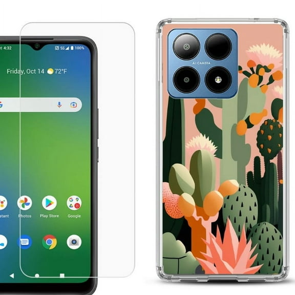 For Boost Mobile Summit 5G Shockproof Phone Case Cover with Tempered Glass Screen Protector, by OneToughShield - Cactus