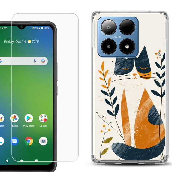 For Boost Mobile Summit 5G Shockproof Phone Case Cover with Tempered Glass Screen Protector, by OneToughShield - Calm Cat