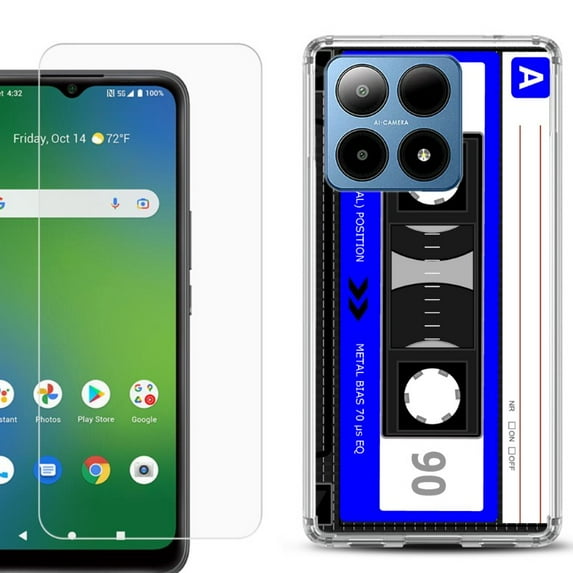 For Boost Mobile Summit 5G Shockproof Phone Case Cover with Tempered Glass Screen Protector, by OneToughShield - Cassette Blue