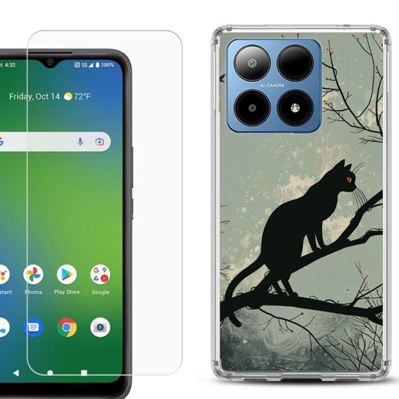 For Boost Mobile Summit 5G Shockproof Phone Case Cover with Tempered Glass Screen Protector, by OneToughShield - Cat on Tree