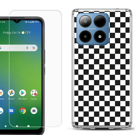 For Boost Mobile Summit 5G Shockproof Phone Case Cover with Tempered Glass Screen Protector, by OneToughShield - Checker B/W