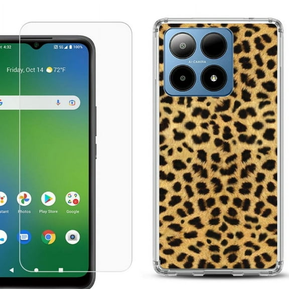 For Boost Mobile Summit 5G Shockproof Phone Case Cover with Tempered Glass Screen Protector, by OneToughShield - Cheetah Gold/Black