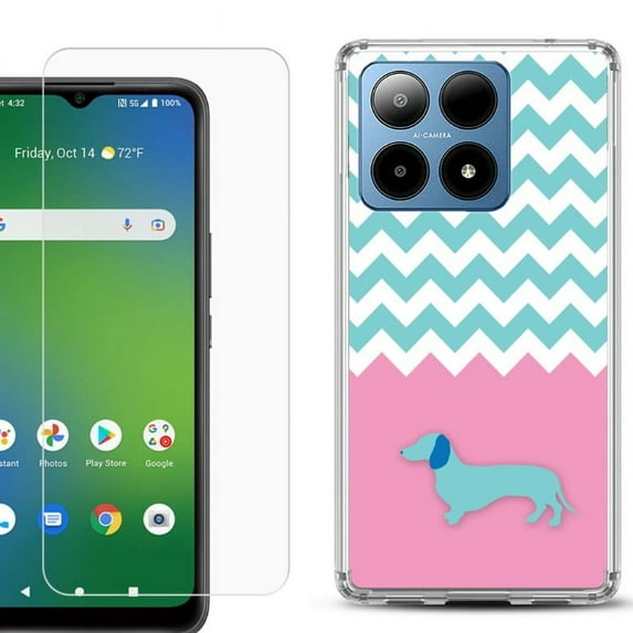For Boost Mobile Summit 5G Shockproof Phone Case Cover with Tempered Glass Screen Protector, by OneToughShield - Chevron/Dachshund/Puppy