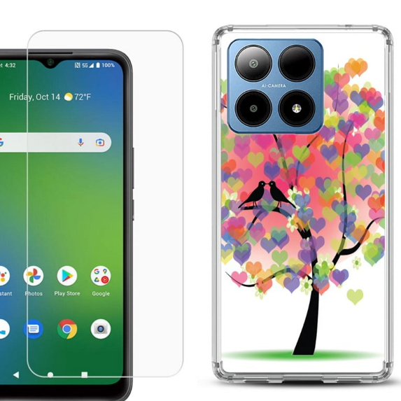 For Boost Mobile Summit 5G Shockproof Phone Case Cover with Tempered Glass Screen Protector, by OneToughShield - Color Hearts Tree