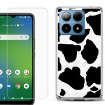 For Boost Mobile Summit 5G Shockproof Phone Case Cover with Tempered Glass Screen Protector, by OneToughShield - Cow Skin Design