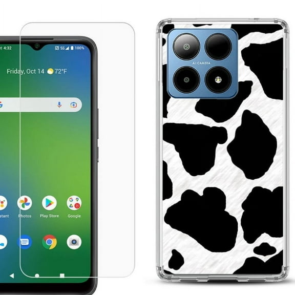 For Boost Mobile Summit 5G Shockproof Phone Case Cover with Tempered Glass Screen Protector, by OneToughShield - Cow Skin Design