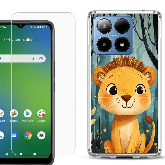 For Boost Mobile Summit 5G Shockproof Phone Case Cover with Tempered Glass Screen Protector, by OneToughShield - Curious Lion Cub