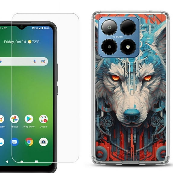 For Boost Mobile Summit 5G Shockproof Phone Case Cover with Tempered Glass Screen Protector, by OneToughShield - Cyberpunk Wolf