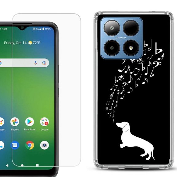 For Boost Mobile Summit 5G Shockproof Phone Case Cover with Tempered Glass Screen Protector, by OneToughShield - Dachshund/Puppy Music