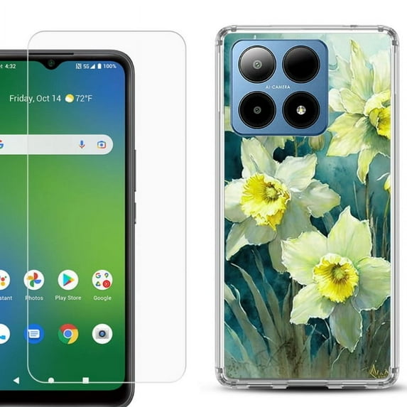 For Boost Mobile Summit 5G Shockproof Phone Case Cover with Tempered Glass Screen Protector, by OneToughShield - Daffodils
