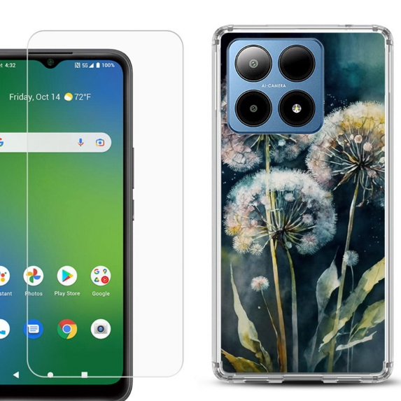 For Boost Mobile Summit 5G Shockproof Phone Case Cover with Tempered Glass Screen Protector, by OneToughShield - Dandelion Color