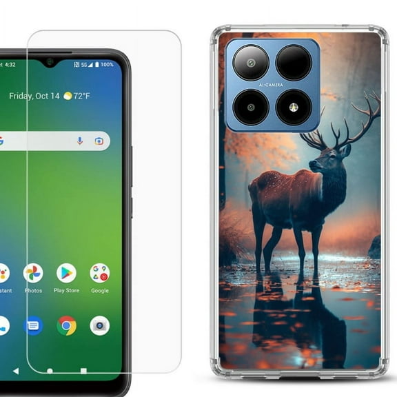 For Boost Mobile Summit 5G Shockproof Phone Case Cover with Tempered Glass Screen Protector, by OneToughShield - Deer Autumn