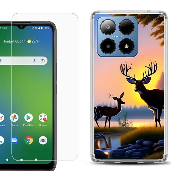 For Boost Mobile Summit 5G Shockproof Phone Case Cover with Tempered Glass Screen Protector, by OneToughShield - Deer Sunset