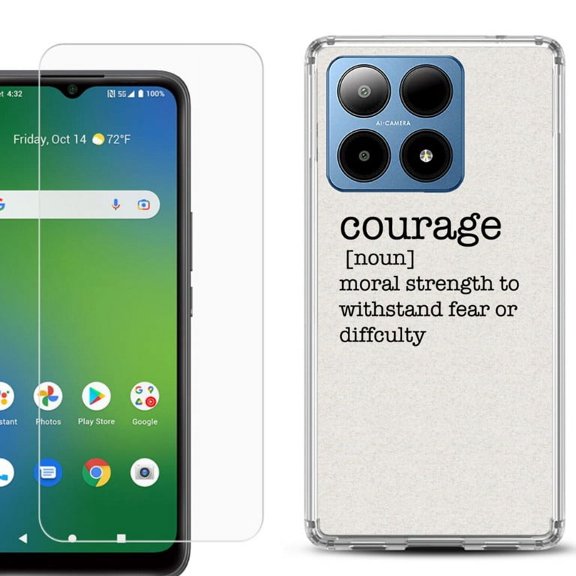 For Boost Mobile Summit 5G Shockproof Phone Case Cover with Tempered Glass Screen Protector, by OneToughShield - Dictionary/Courage