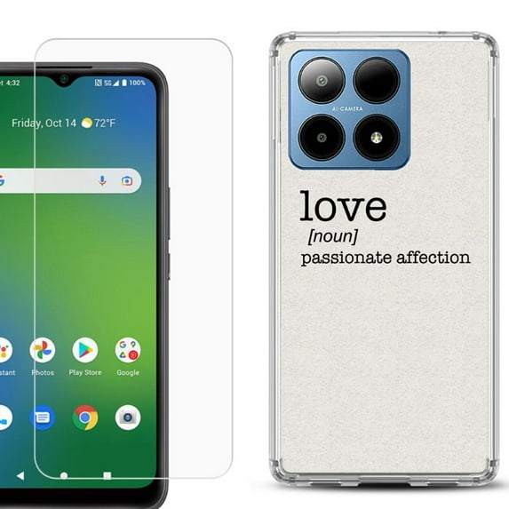 For Boost Mobile Summit 5G Shockproof Phone Case Cover with Tempered Glass Screen Protector, by OneToughShield - Dictionary/Love