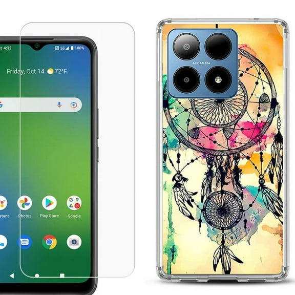 For Boost Mobile Summit 5G Shockproof Phone Case Cover with Tempered Glass Screen Protector, by OneToughShield - Dream Catcher Color