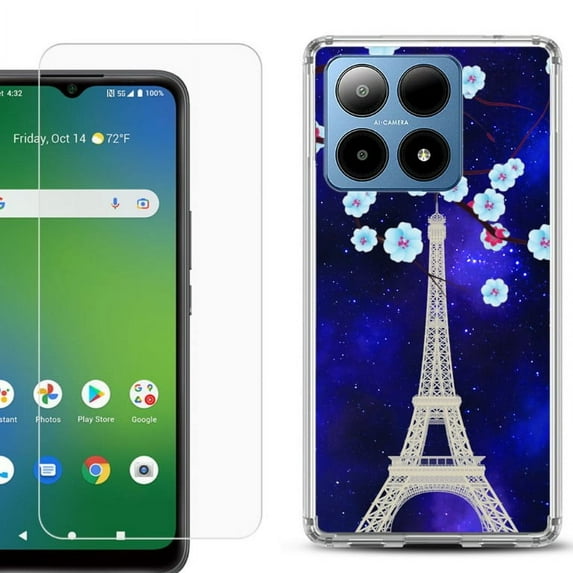 For Boost Mobile Summit 5G Shockproof Phone Case Cover with Tempered Glass Screen Protector, by OneToughShield - Eiffel Tower Stars