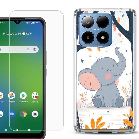 For Boost Mobile Summit 5G Shockproof Phone Case Cover with Tempered Glass Screen Protector, by OneToughShield - Elephant Smile