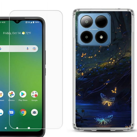 For Boost Mobile Summit 5G Shockproof Phone Case Cover with Tempered Glass Screen Protector, by OneToughShield - Fireflies Butterfly