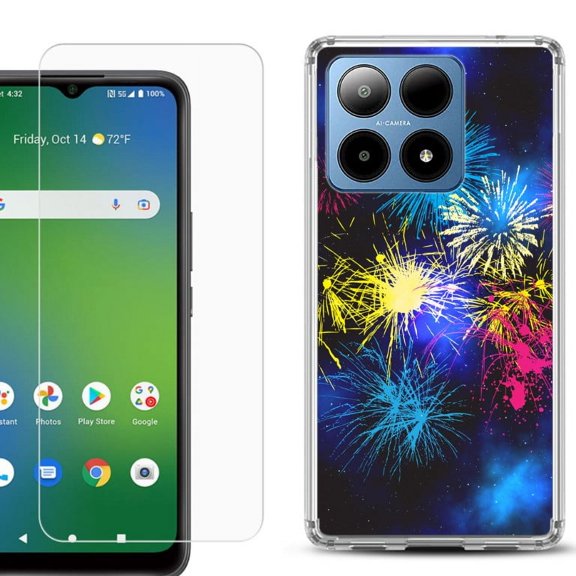 For Boost Mobile Summit 5G Shockproof Phone Case Cover with Tempered Glass Screen Protector, by OneToughShield - Fireworks